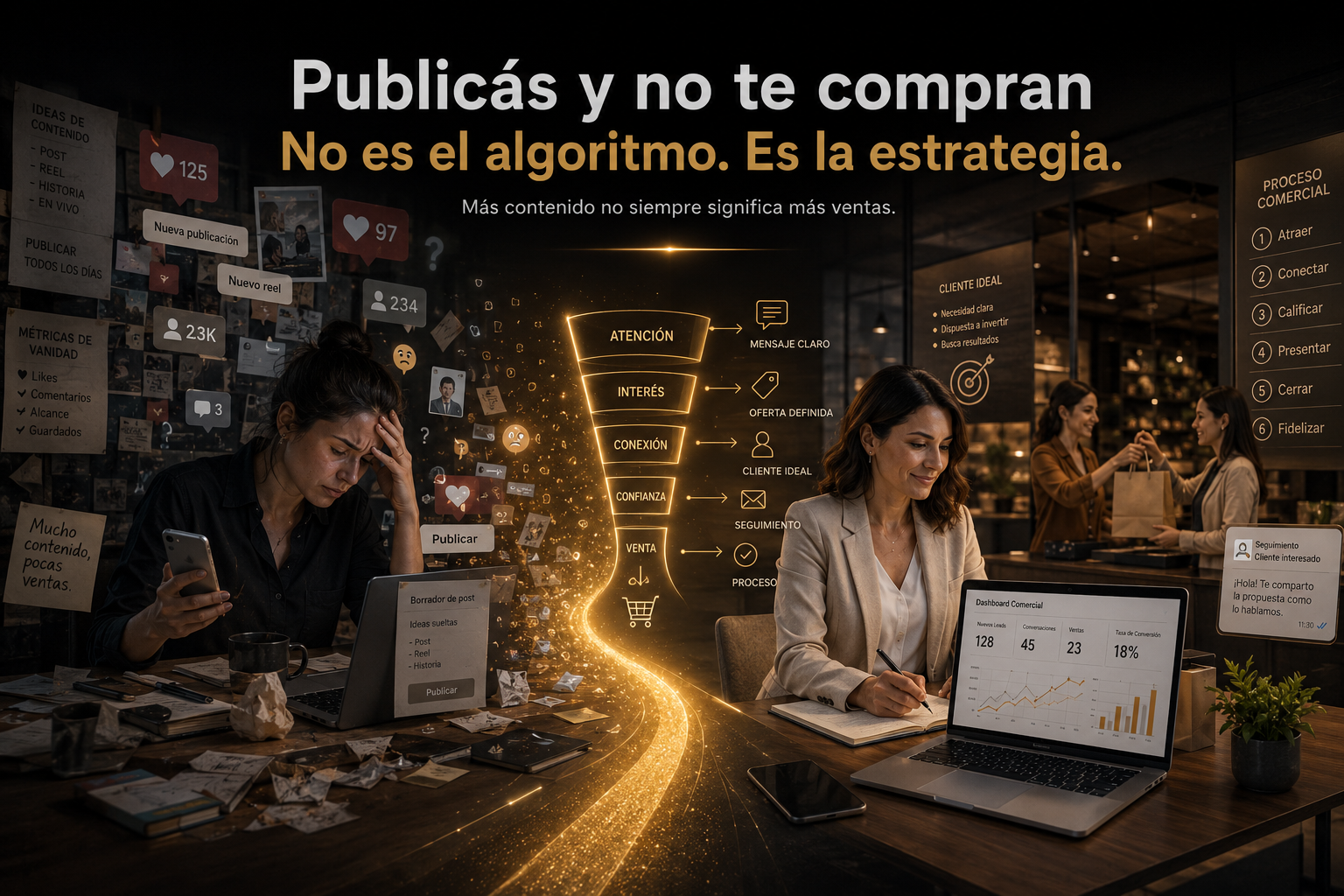Publicás y no te compran: no es el algoritmo, es la estrategia — embudo de atención, interés, conexión, confianza y venta